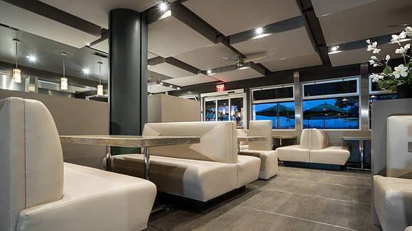 View of booths and custom acoustical ceiling