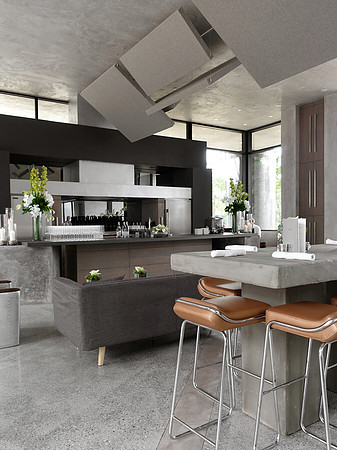 Cocktail tables and lounge area showing detail of acoustic ceiling