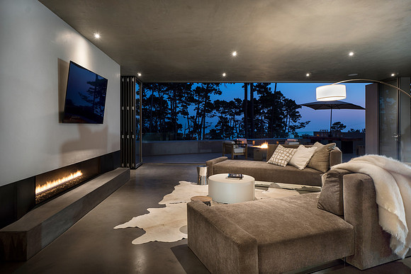 great room and upper deck at dusk
