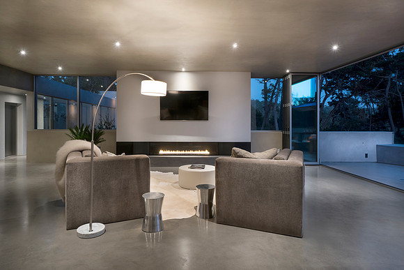 great room lounge area with ribbon fireplace